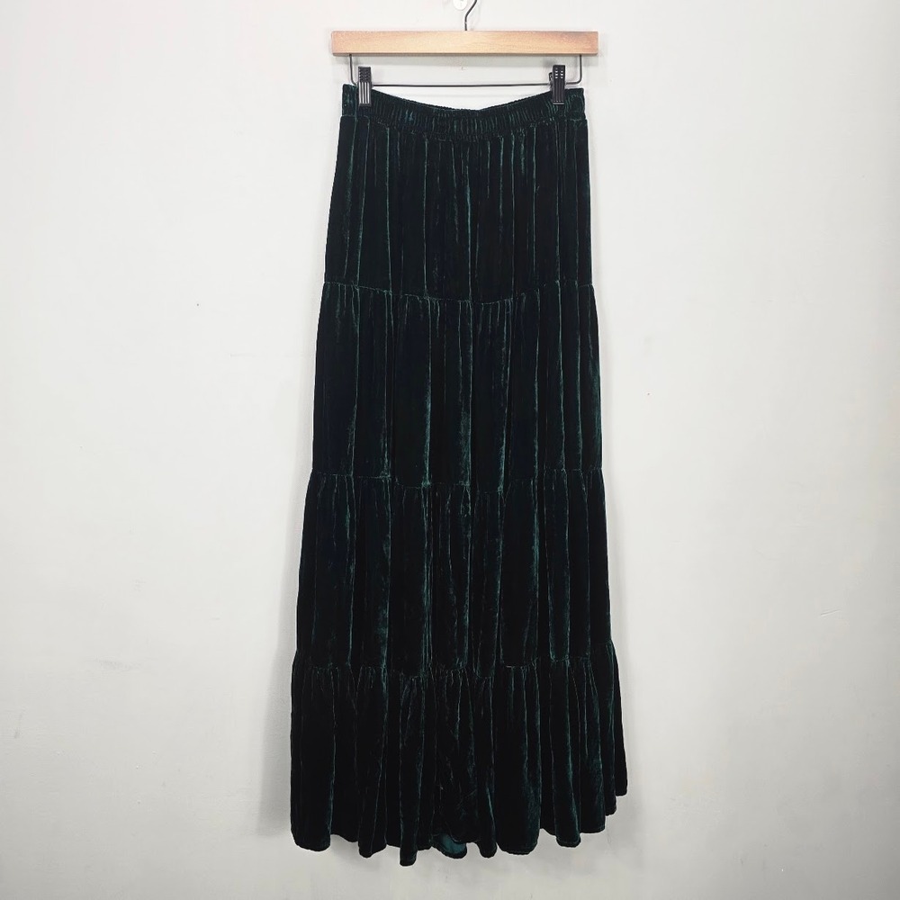 Cali Velvet Tiered Maxi Skirt S Green Whimsigoth Broomstick Witchy Grunge Boho